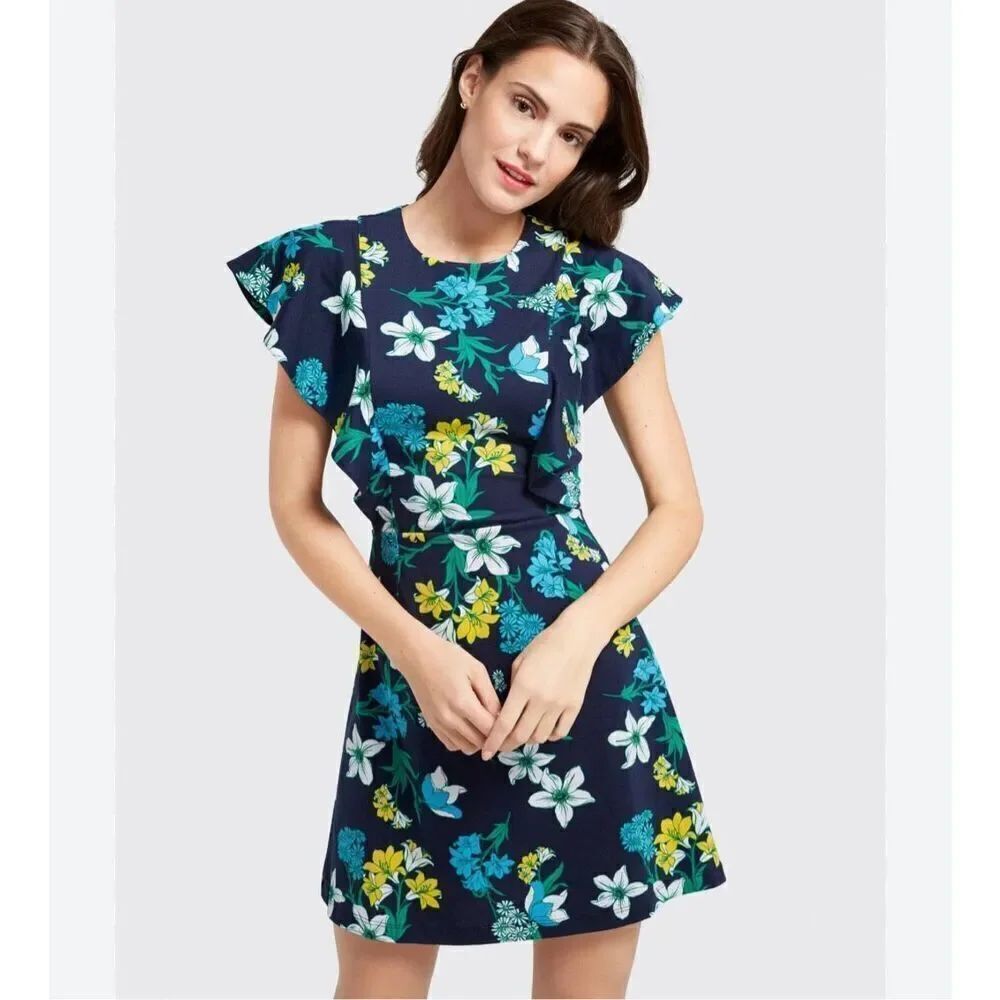 Draper James Elliston Floral Print Knit Ruffle Dress - Nassau Navy Pima cotton S